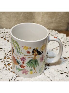 Island Hula Honeys Mug 12 oz White Coffee Cup Hawaiian Florals Hula Dancers Maui